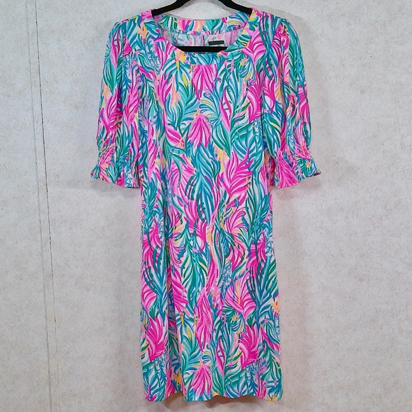 MWOT Lilly Pulitzer Kelp Me Midi Dress Multi Colors Puff Sleeves Size Large - Picture 1 of 10